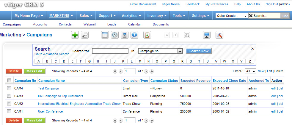 Pantalla de VTiger CRM en Hostgreen