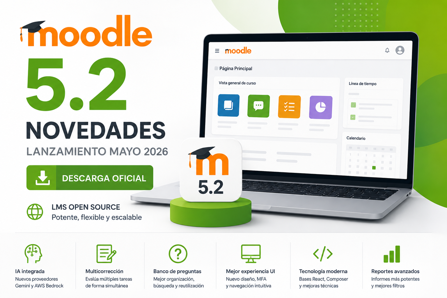 Moodle 5.2 novedades y descarga oficial del LMS Open Source con interfaz moderna, mejoras IA, multicorrección y nuevas funcionalidades educativas.