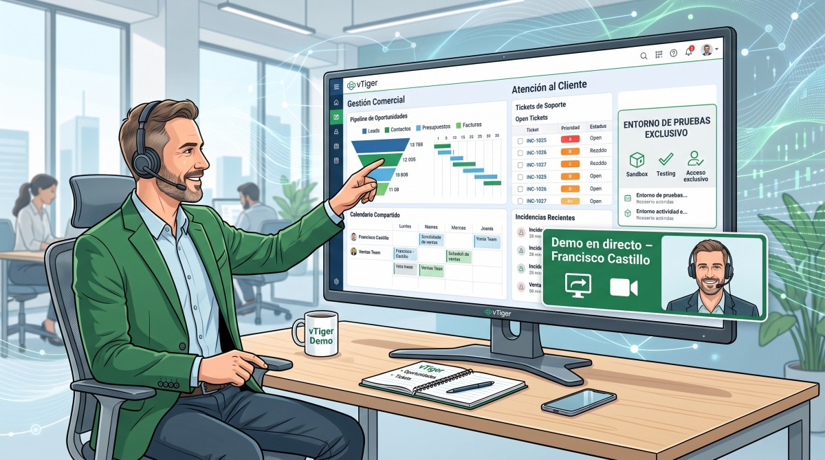 Curso bonificado de automatización de marketing en vTiger CRM con secuencias de email, WhatsApp y SMS.