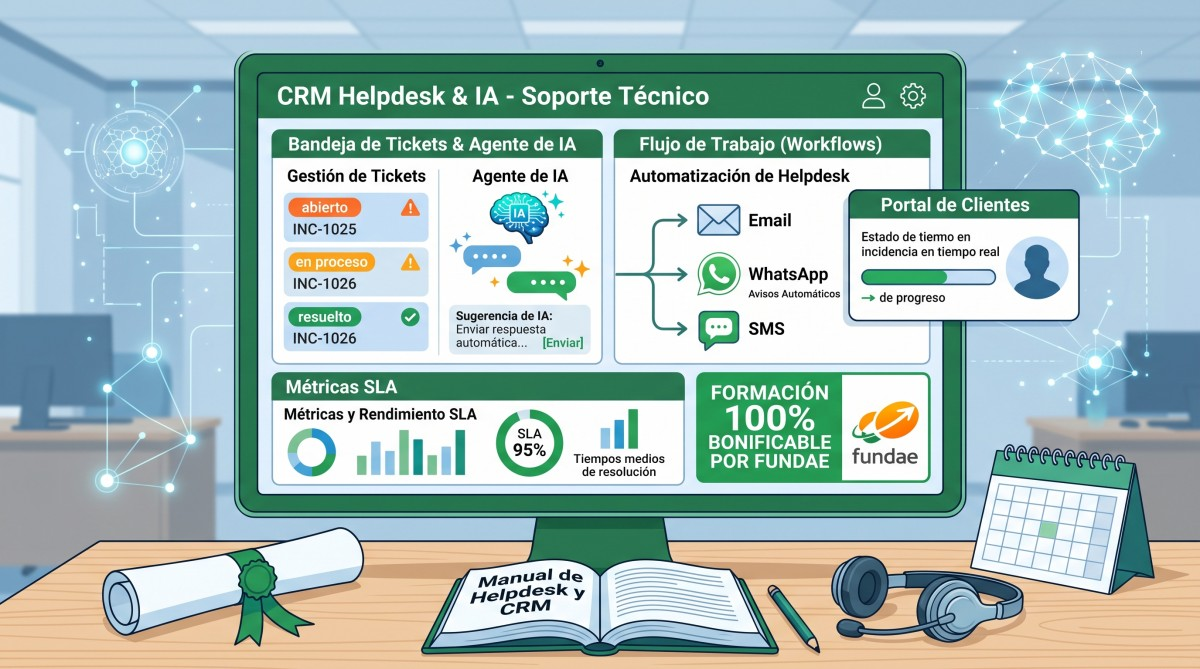 Ilustración del panel de helpdesk CRM con gestión de tickets por IA, flujos de trabajo con WhatsApp, Portal de Clientes y sello de formación bonificada por Fundae.