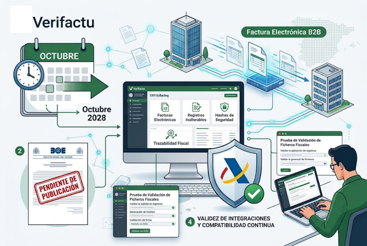 Software ERP para Verifactu y factura electrónica B2B con aplazamiento normativo a 2028